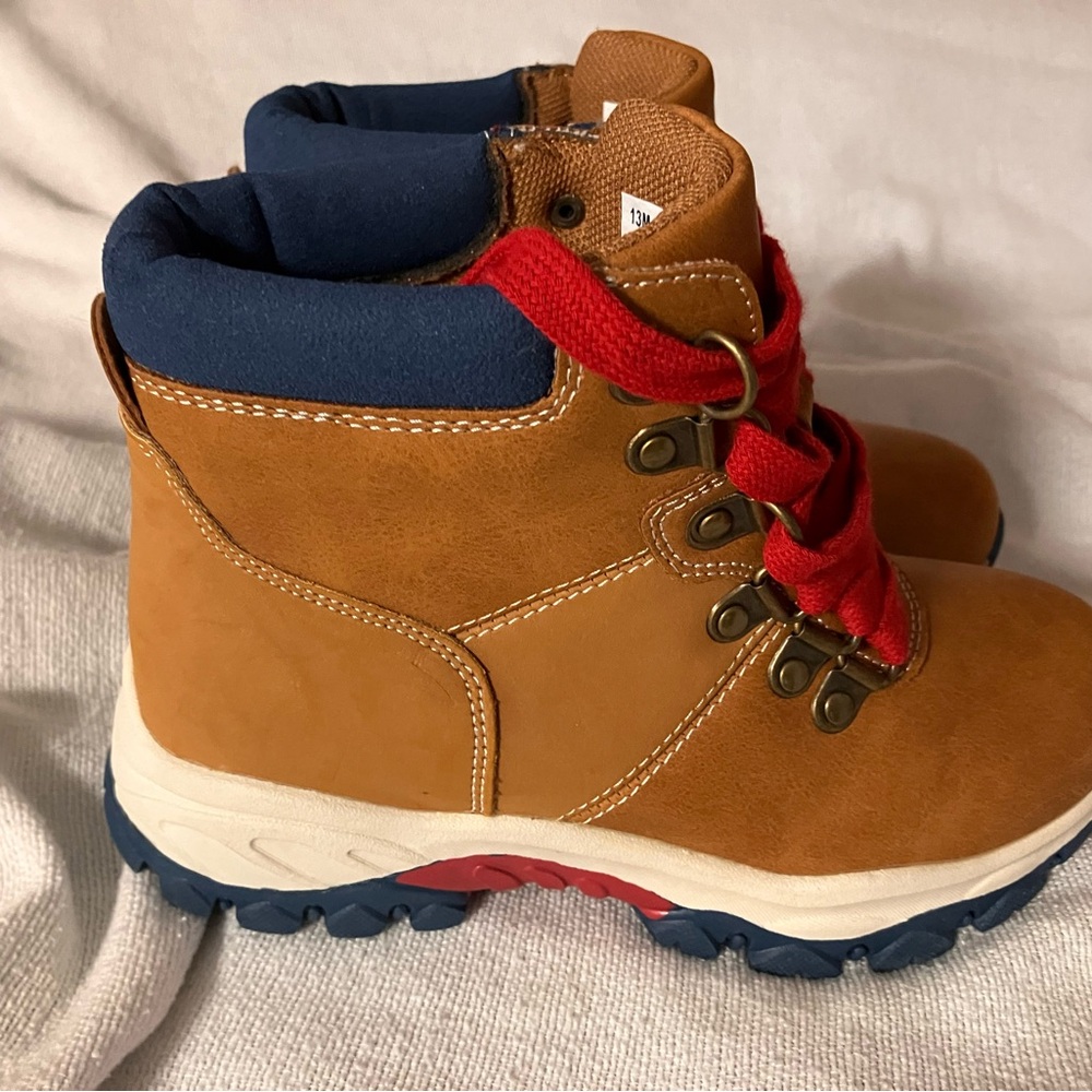 Thereabouts Kids Tan Adventure Boots w/ Navy Accents and Red Tie Laces